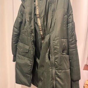 Modern Eternity Olive Green Quilted Puffer Coat. Good for maternity